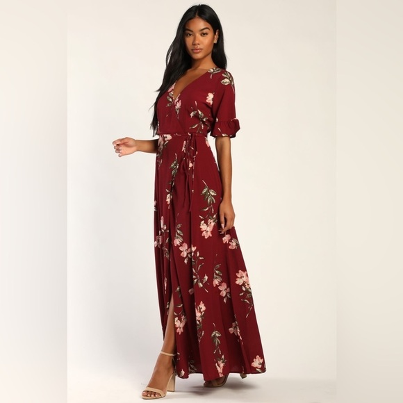 NWOT Lulus September Sunsets Burgundy Floral Print Wrap Maxi Dress - Picture 5 of 9